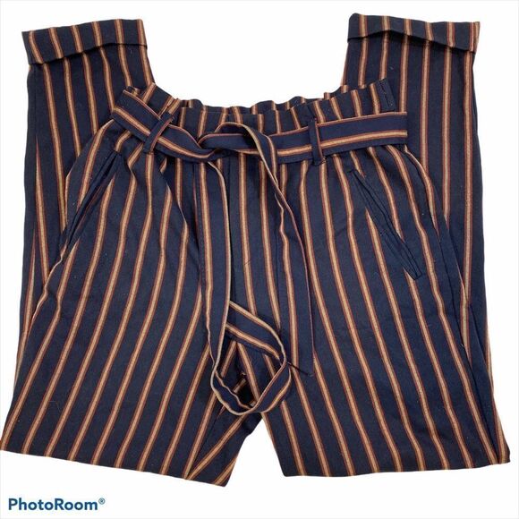 Zara Striped Navy Paper Bag Trousers with Belt XS - Picture 4 of 15